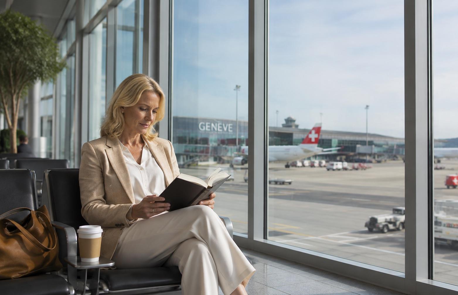 Voyager depuis Genève sans penser à la cigarette Voyageuse attendant son vol à l’aéroport de Genève sans chercher un espace fumeur