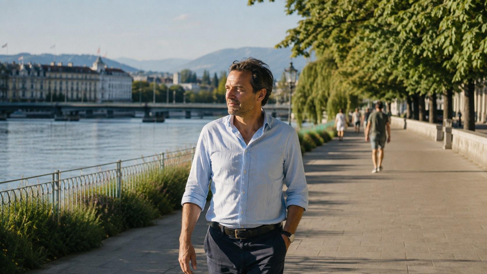 Homme marchant près des berges du Rhône à Vernier après avoir arrêté de fumer