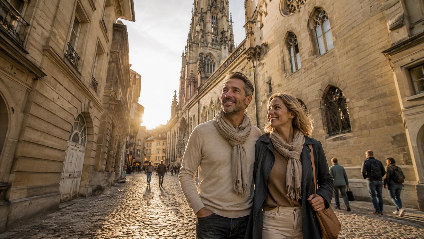 Couple profitant d’une promenade dans la vieille ville de Fribourg après avoir arrêté de fumer