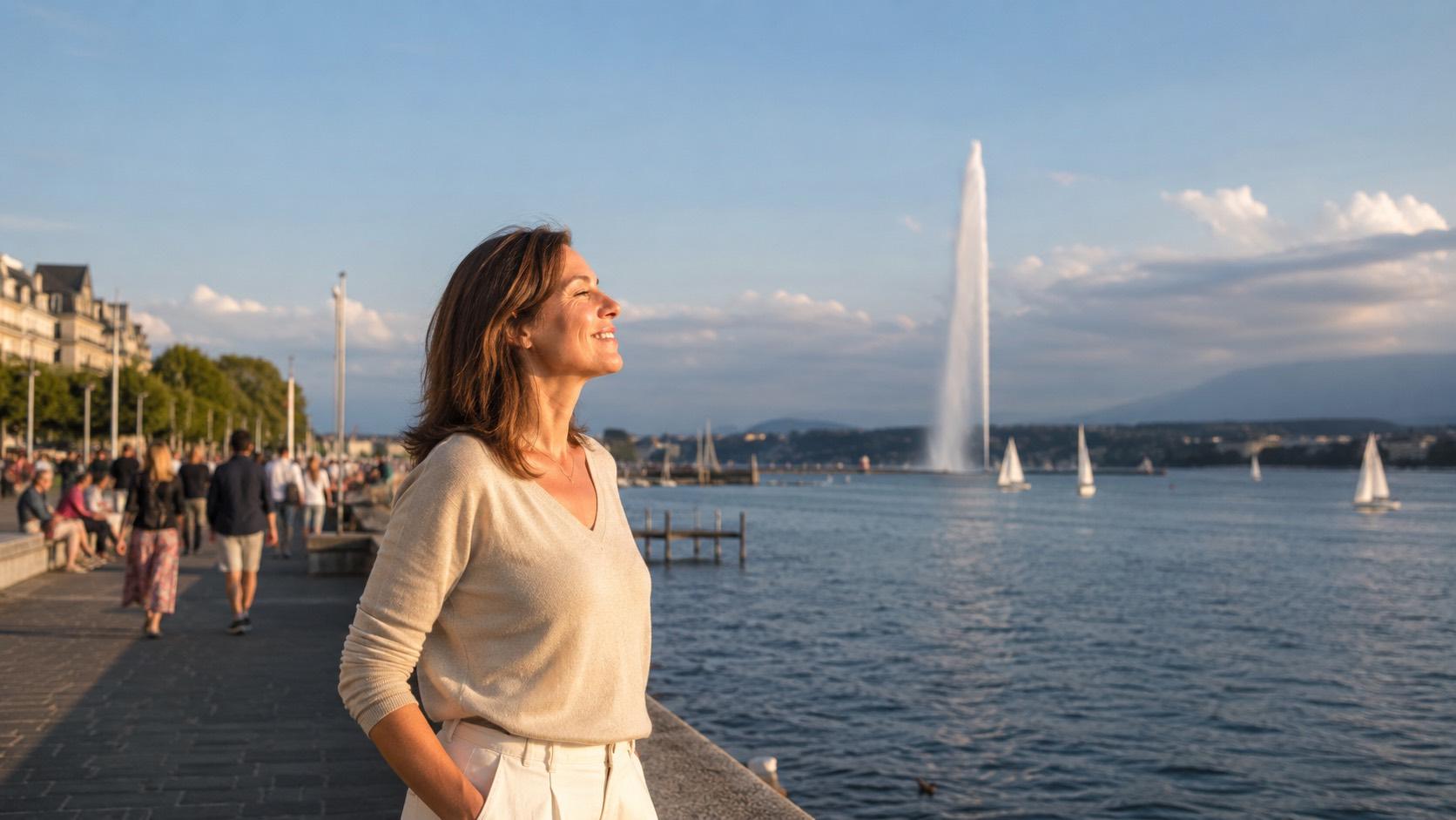 Femme sur les quais après avoir choisi d’arrêter de fumer dans le canton de Genève