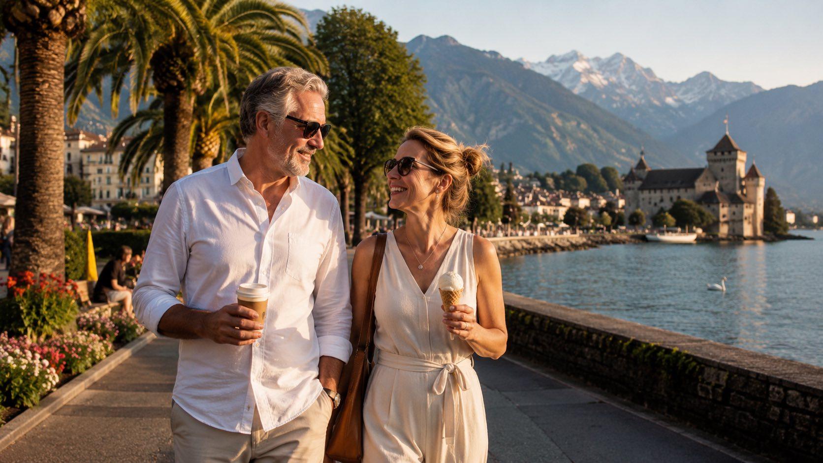 Couple profitant d’une promenade à Montreux après avoir arrêté de fumer