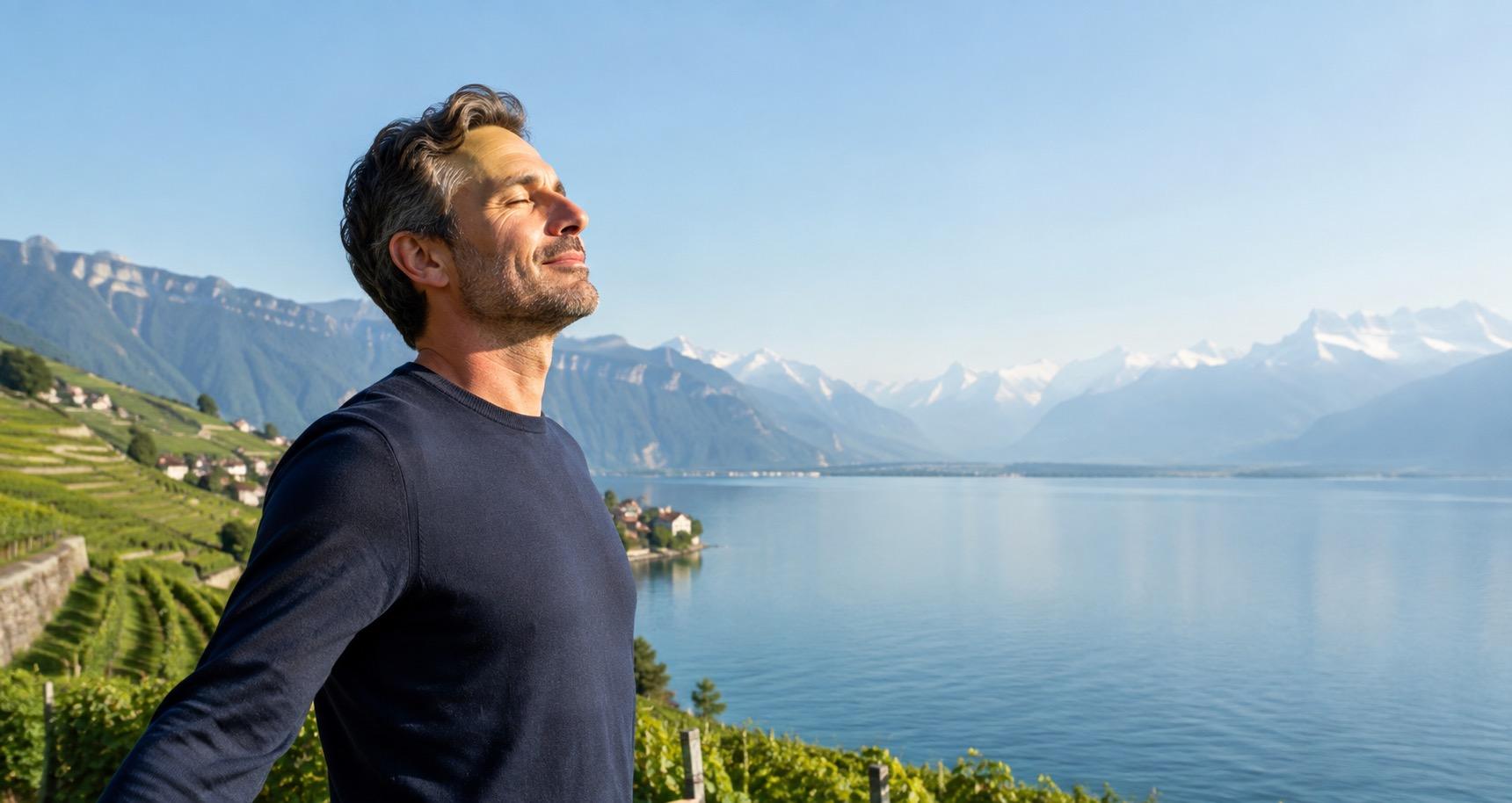 Personne libérée du tabac face au lac Léman dans le canton de Vaud