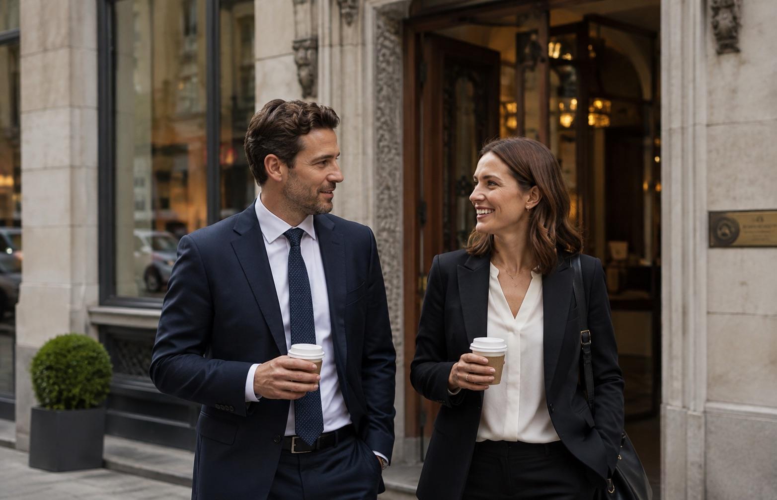 Arrêter la cigarette dans le quartier de la finance à Genève Deux professionnels du secteur financier à Genève pendant une pause sans tabac