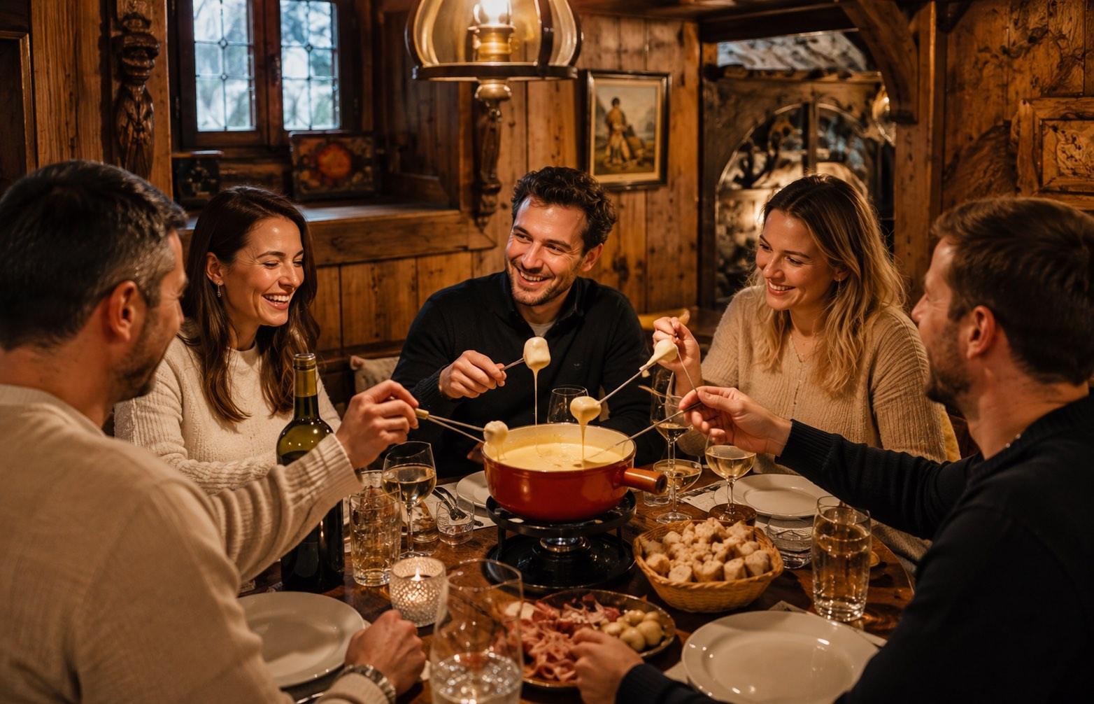 Retrouver du temps pour ceux que l’on aime Amis partageant une fondue en Gruyère sans interrompre le repas pour fumer