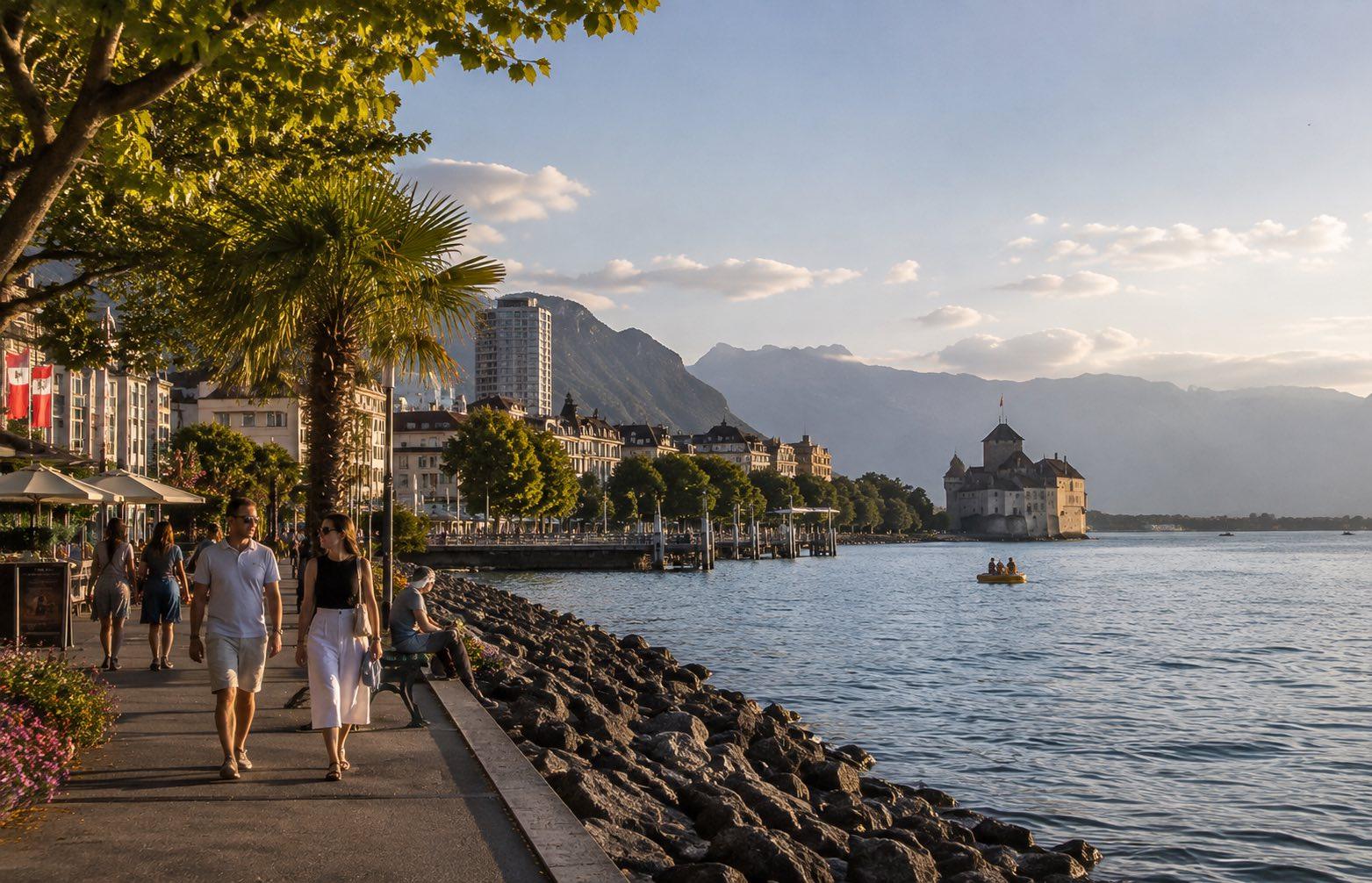 Vue des quais de Montreux au bord du lac Léman