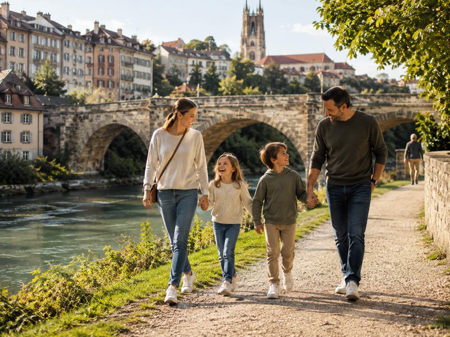 Famille profitant d’une promenade après avoir arrêté de fumer dans le canton de Fribourg