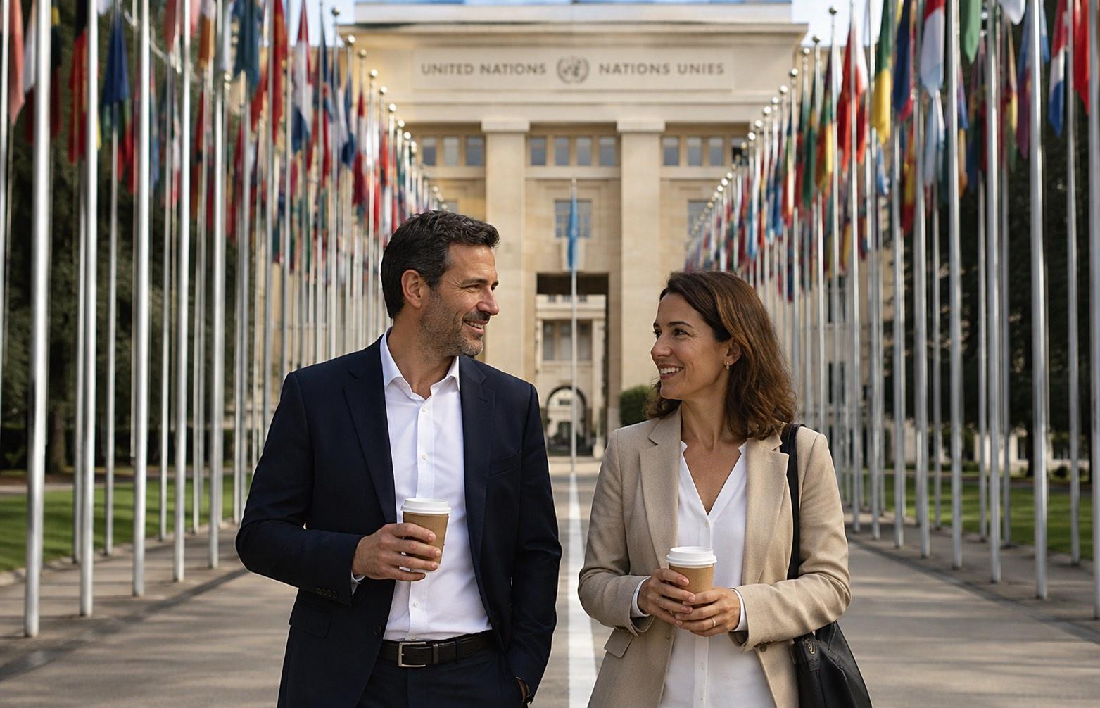Une pause sans cigarette près de l’ONU Deux collègues profitant d’une pause près de l’ONU à Genève sans cigarette