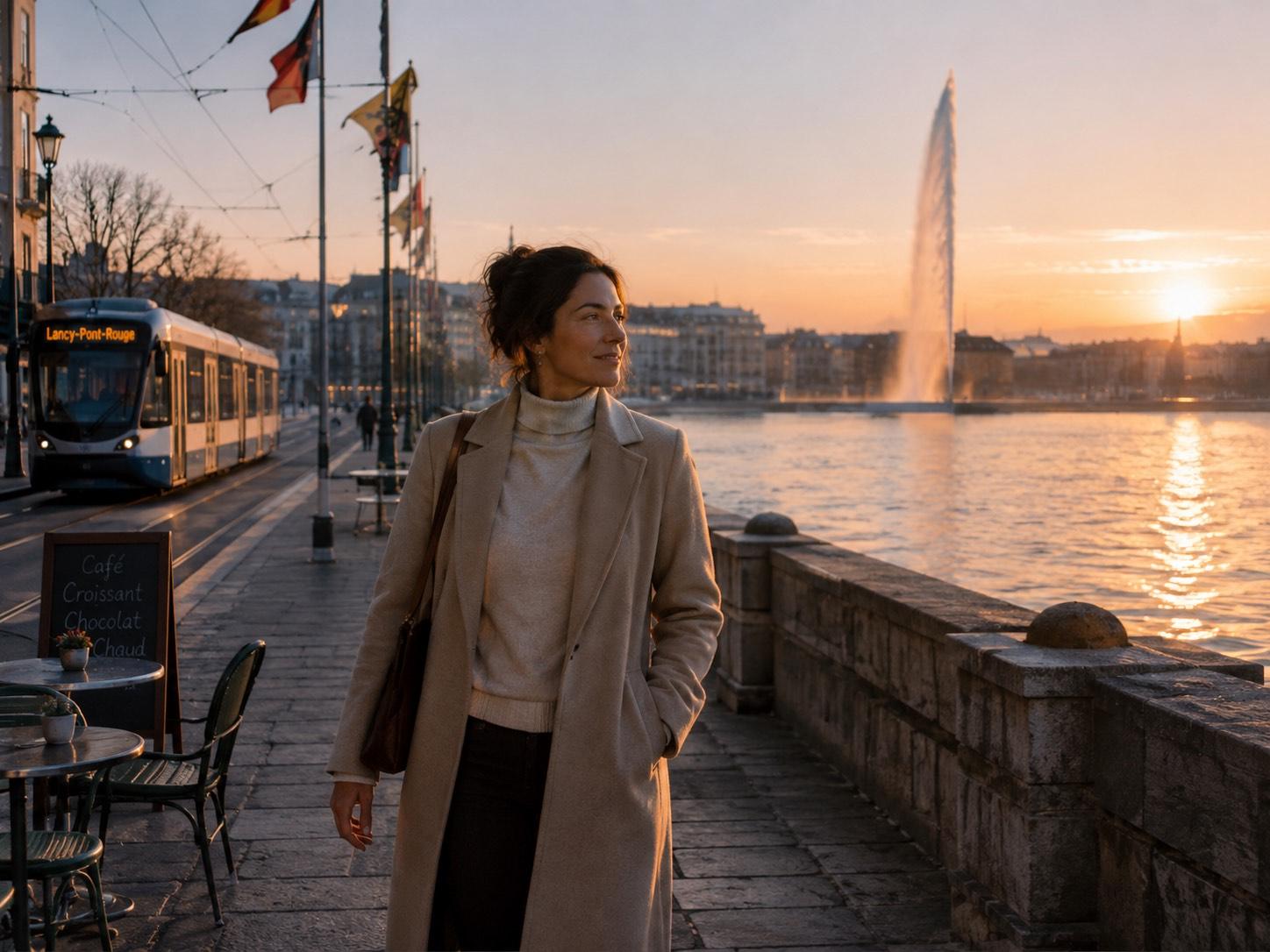 Stop tabac à Genève Femme marchant sur les quais de Genève après avoir arrêté la cigarette