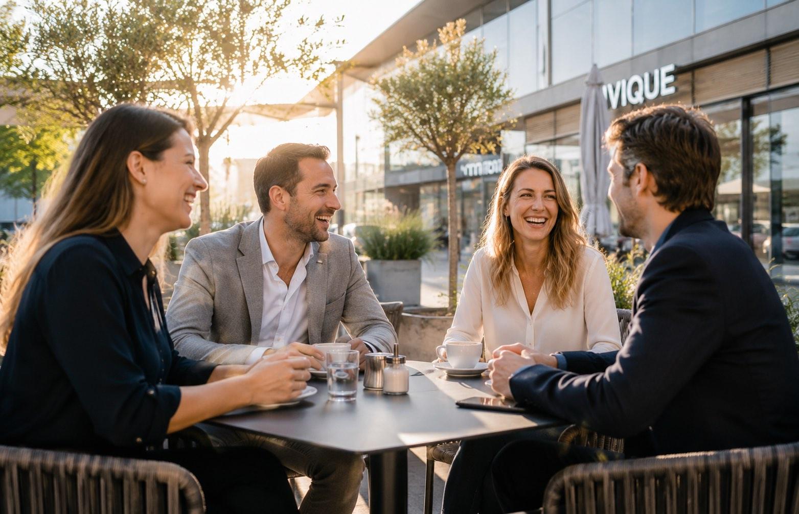 Collègues en terrasse à Crissier sans cigarette