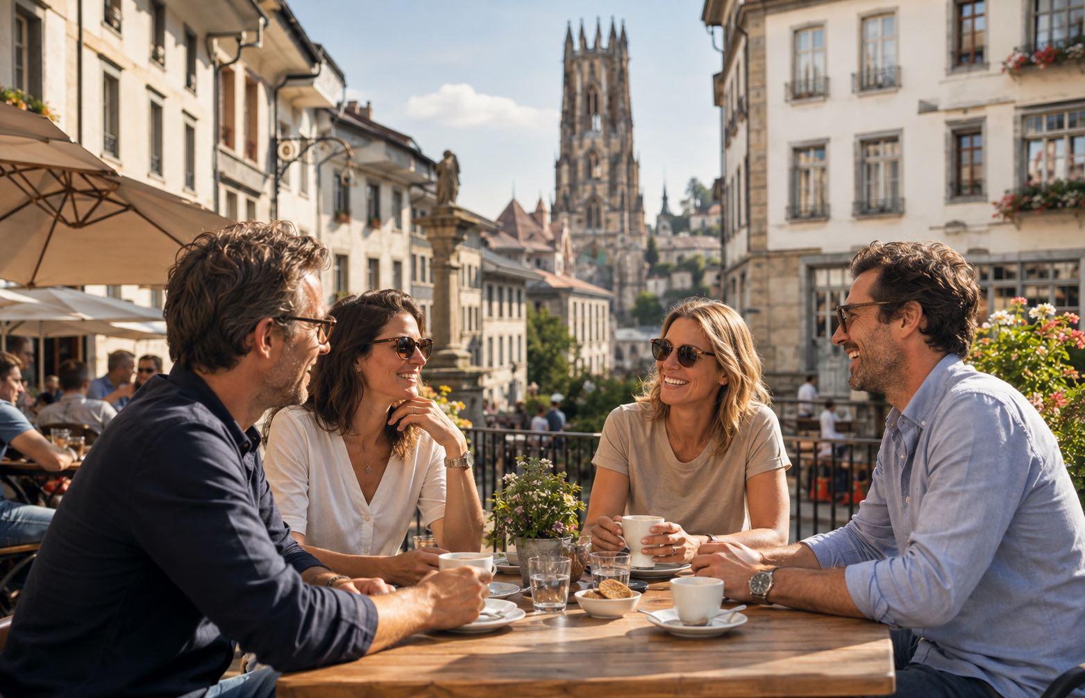 Partager un moment sans quitter la table Amis profitant d’une terrasse à Fribourg sans interrompre leur conversation pour fumer