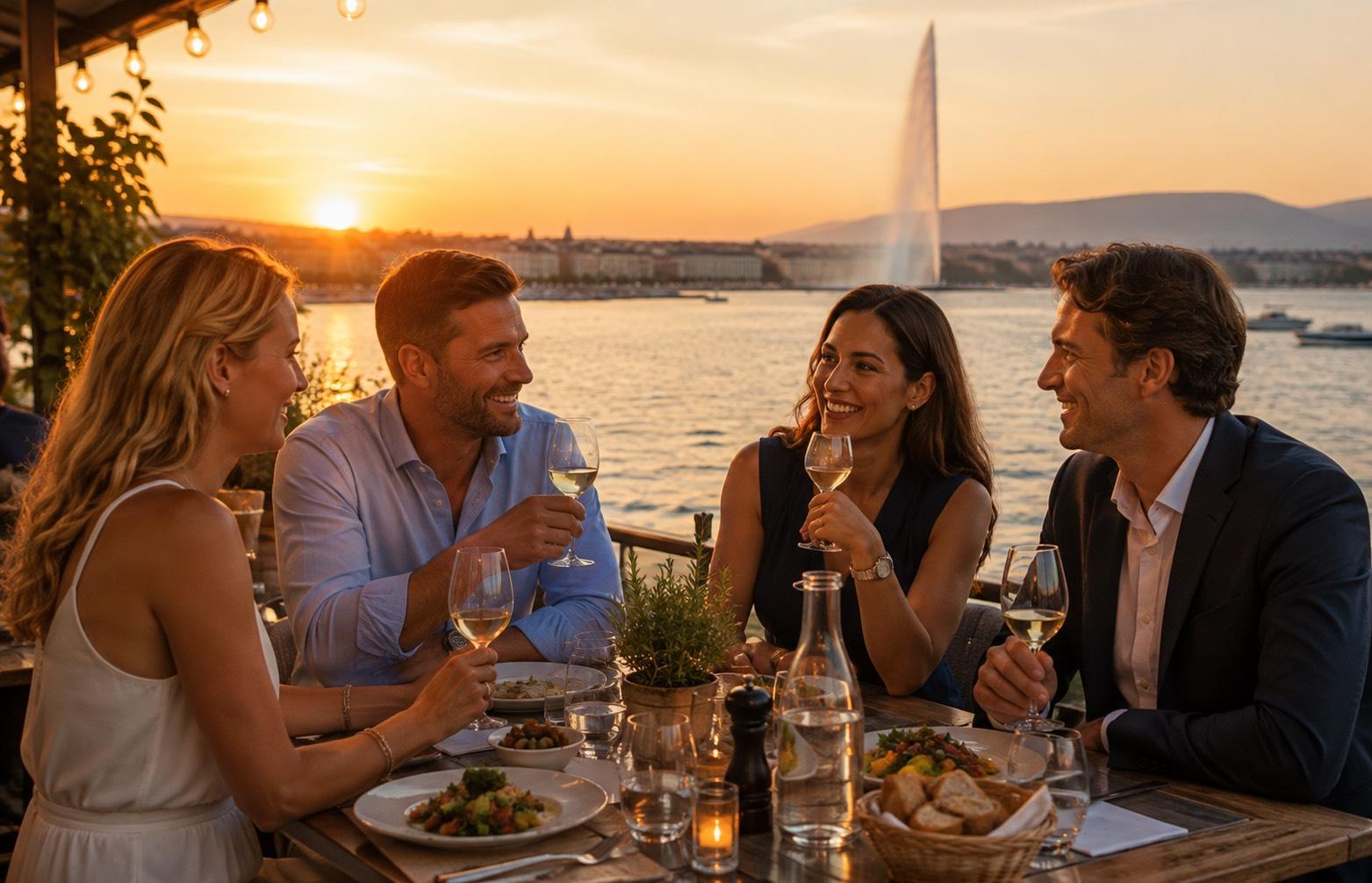 Partager un repas à Genève sans quitter la table Amis profitant d’une terrasse à Genève sans interrompre le repas pour fumer